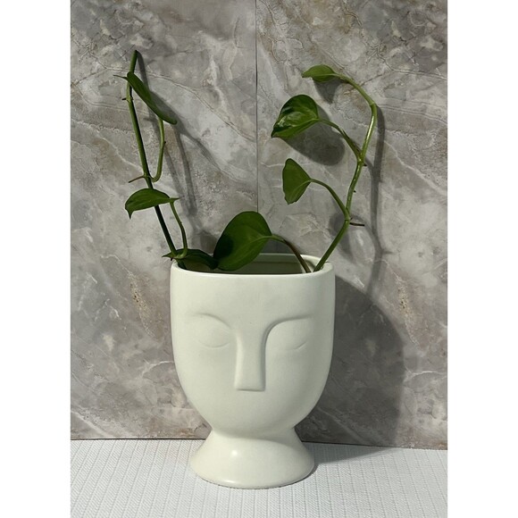 Ceramic Face Head Pedestal Planter Vase Etched 3D White Utensil Crock Organizer - Picture 5 of 17